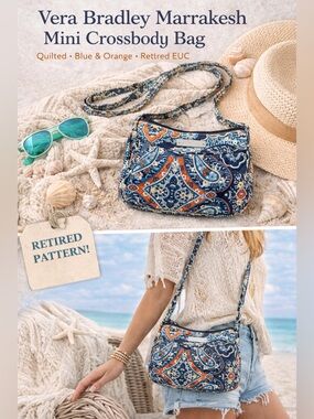 Vera Bradley Marrakesh Mini Crossbody Bag Quilted Blue Orange Retired EUC